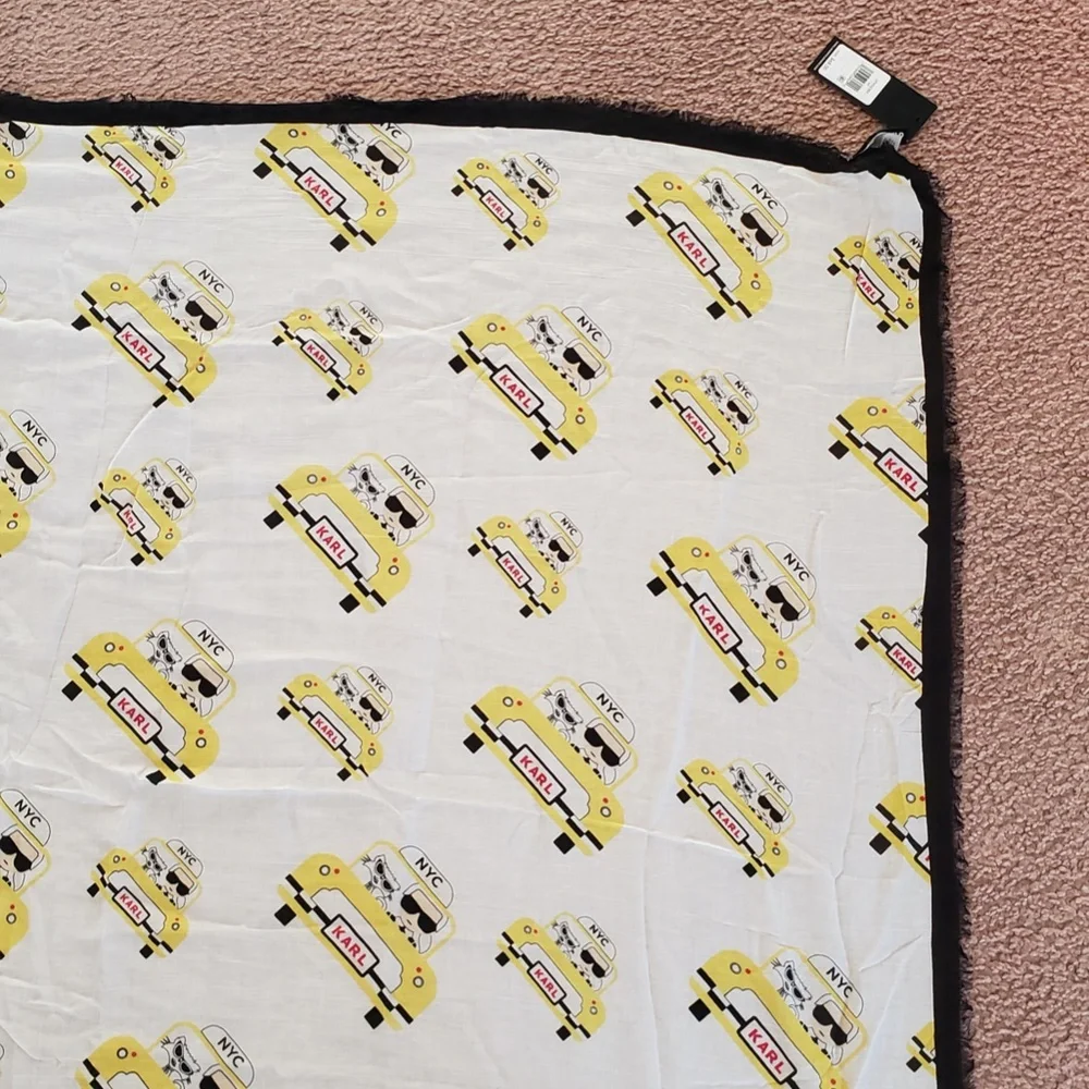 NWT Karl Lagerfeld Ikonik Print Silk Modal Large Square Frayed Edges Black Scarf - Picture 9 of 15